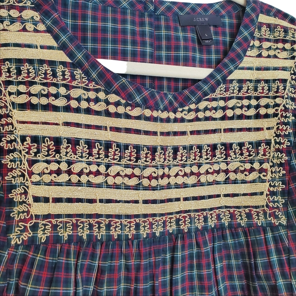 J.Crew Women's Plaid Gold Embroidered Peasant Woven Top Size Large H3478 Holiday - Picture 4 of 8